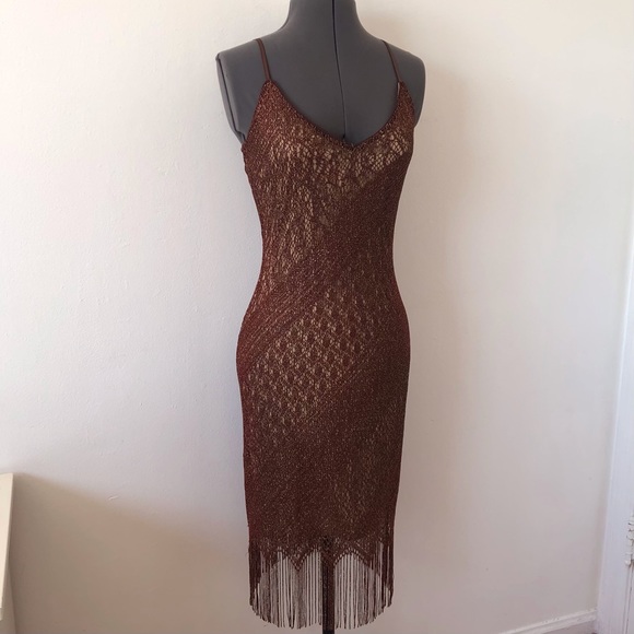 VTG 90s Y2K Forever 21 brown crochet fringe hem dress - Picture 2 of 12